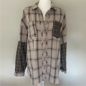 Oversized Plaid Neutral Mixed Pattern Button Down Patchwork Shirt